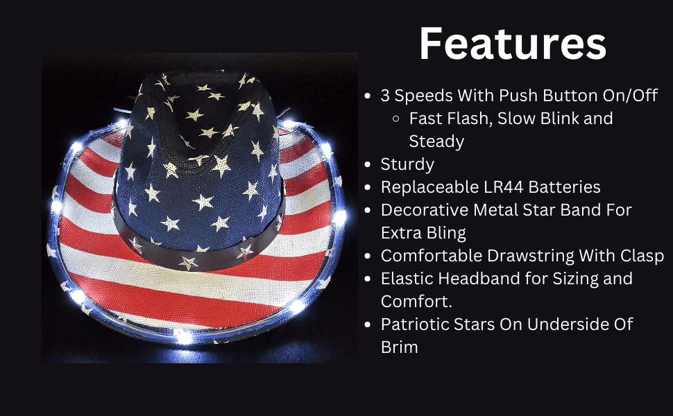 American Flag Light Up Cowgirl Cowboy Hat Features Sturdy Bright LED Lights Adjustable Drawstring for Fit Interior Headband