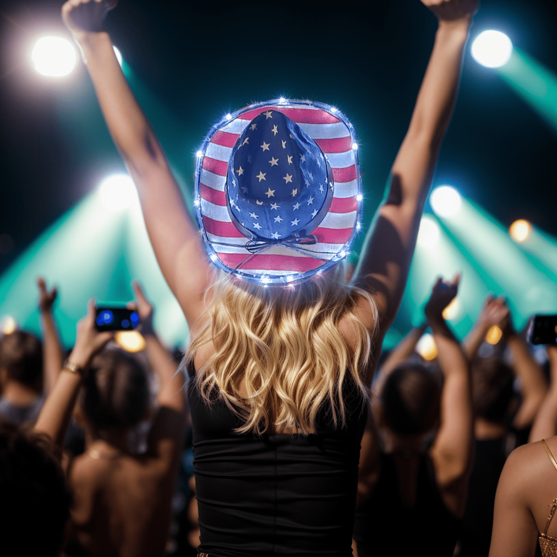 American Flag Light Up Cowgirl Cowboy Hat - Shine with the Stars and Stripes - One Size Fits All - T and C Party Supply Light Up Cowboy Cowgirl HatT and C Party Supply