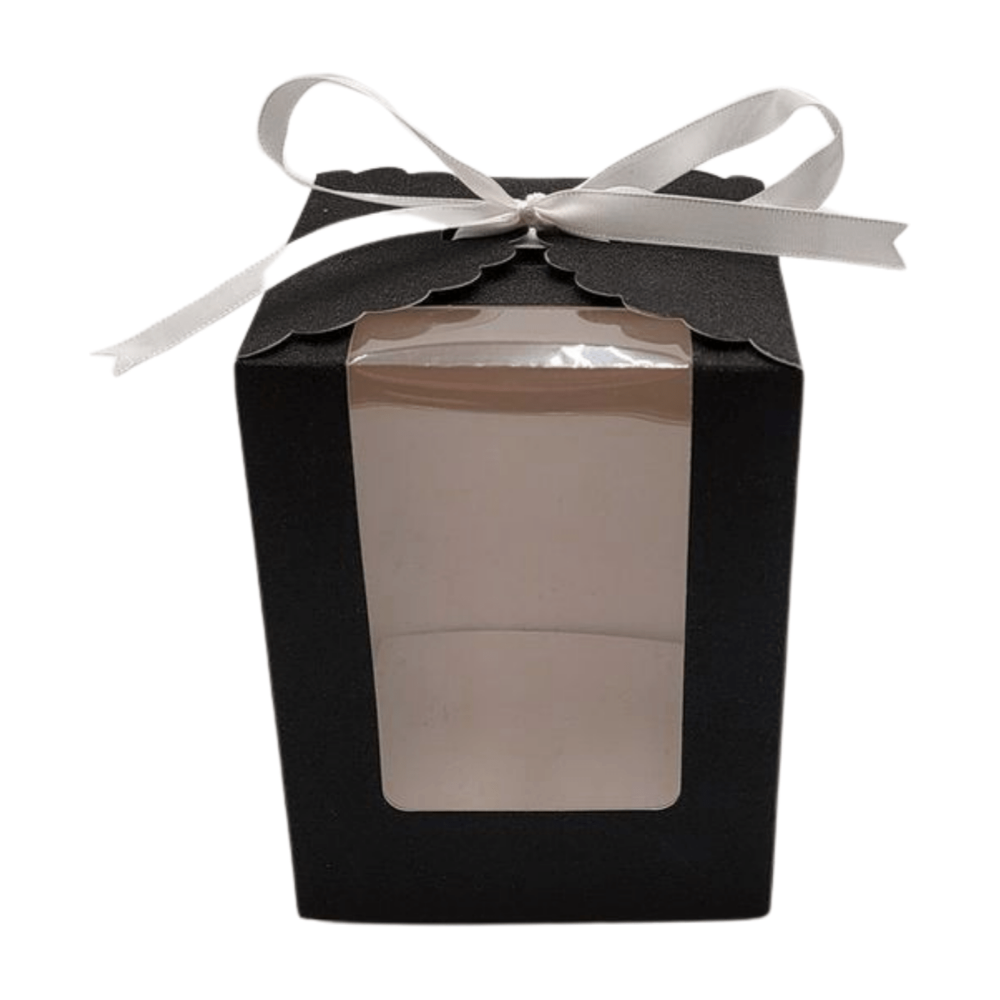 Close Up Black Sparkling Wedding Favor Box Front Individual View with White Ribbon, Clear PVC Window and Sturdy Bottom Insert