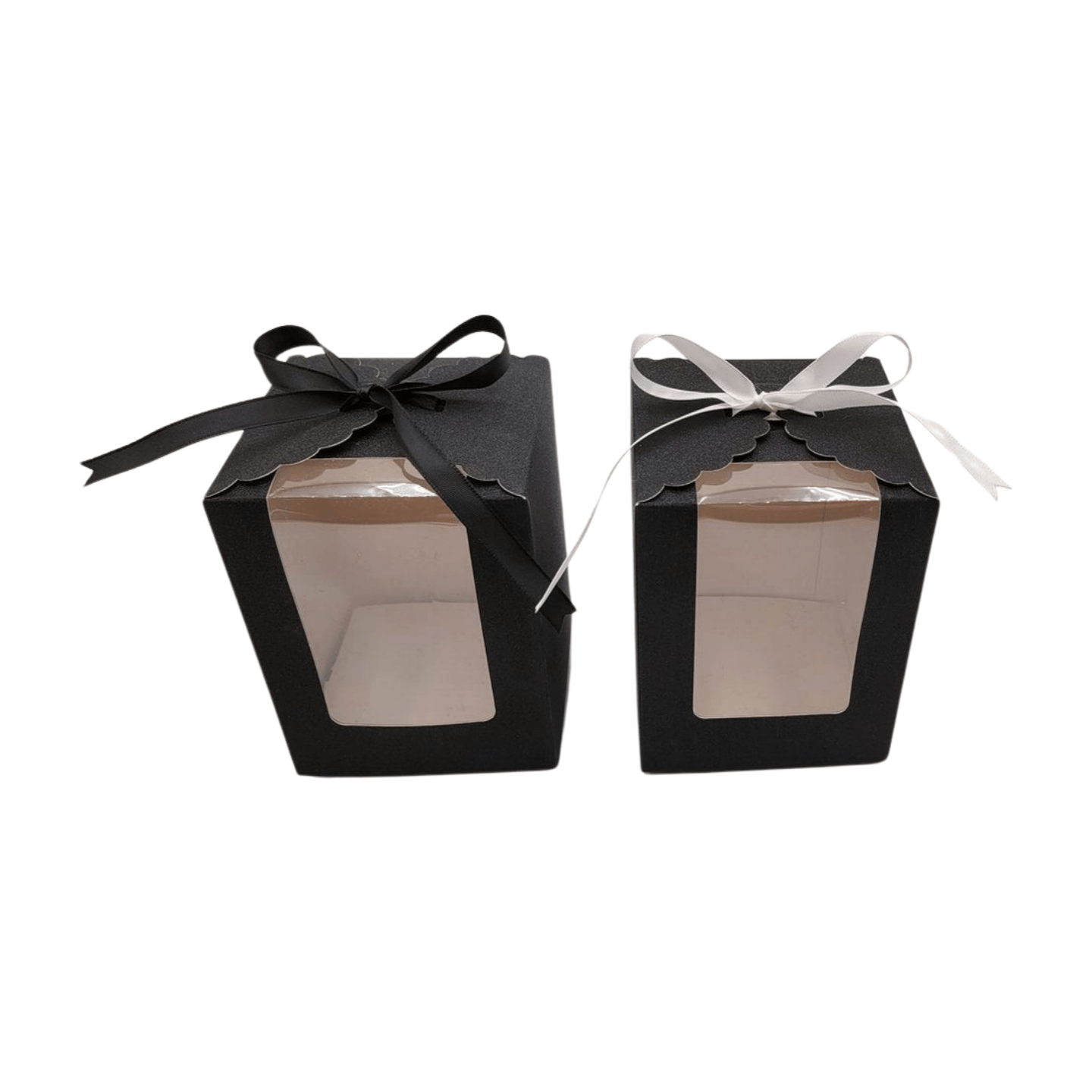 2 Sparkling Black Favor Boxes. One with Black Ribbon, One with White Ribbon. Top Angle View. Scalloped Top Bottom Insert View