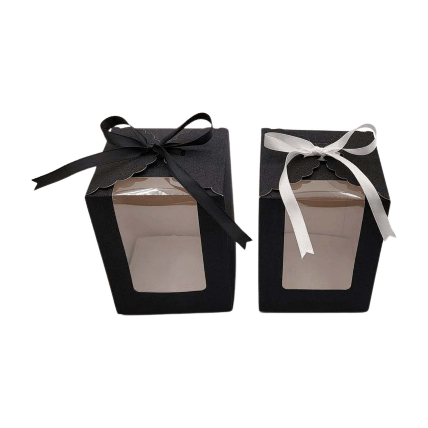 2 Sparkling Black Favor Boxes. One with Black Ribbon, One with White Ribbon. Top Angle View. Scalloped Top Bottom Insert View