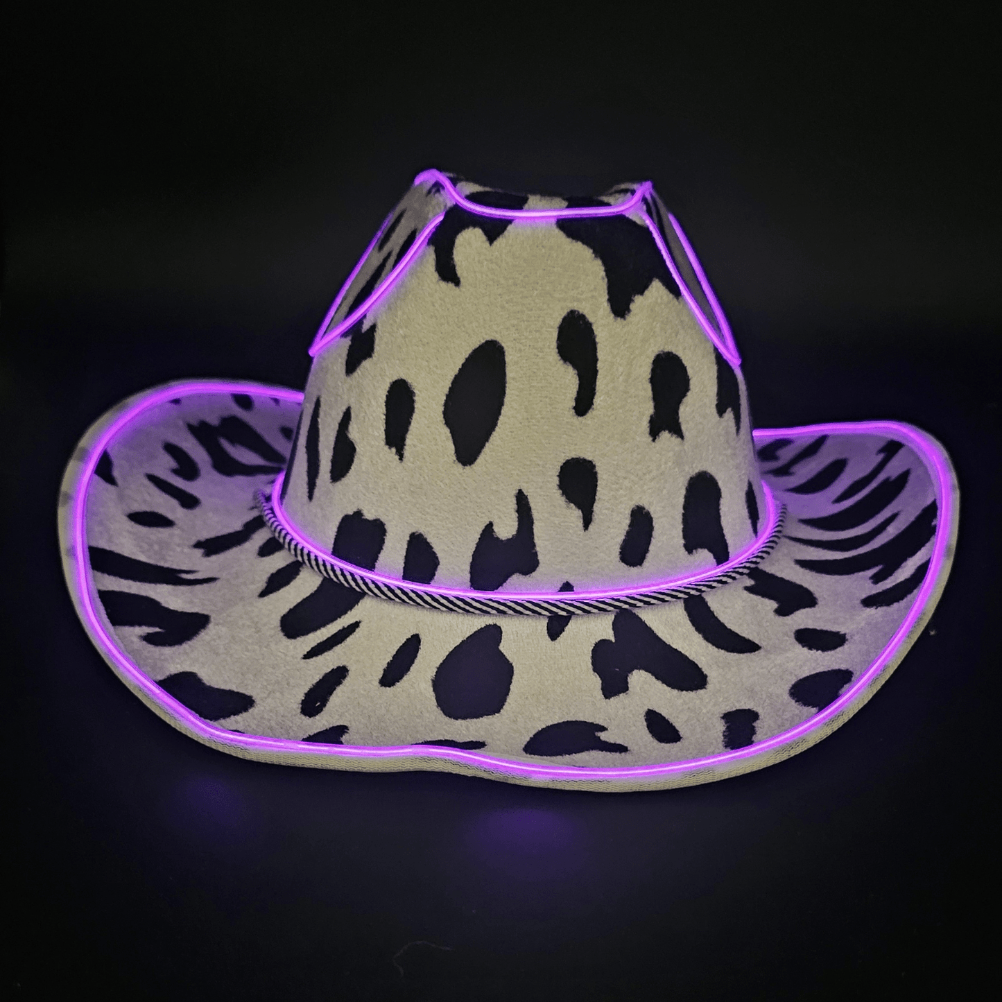 Cow Print Light Up LED Cowgirl Cowboy Hat with Bright Purple LED Lights - Shine Bright in Western Style - One Size - T and C Party Supply Cow PrintT and C Party Supply