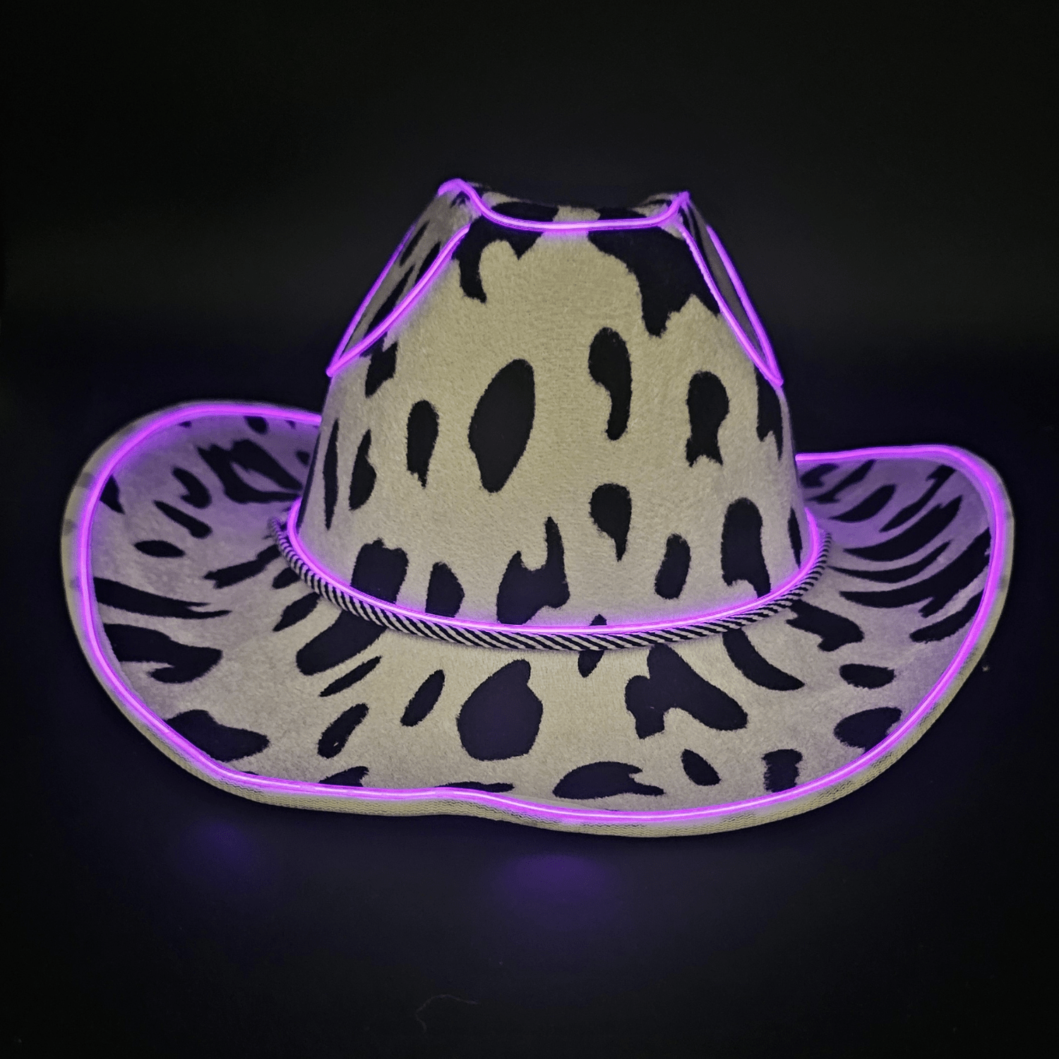 Cow Print Light Up LED Cowgirl Cowboy Hat with Bright Purple LED Lights - Shine Bright in Western Style - One Size - T and C Party Supply Cow PrintT and C Party Supply