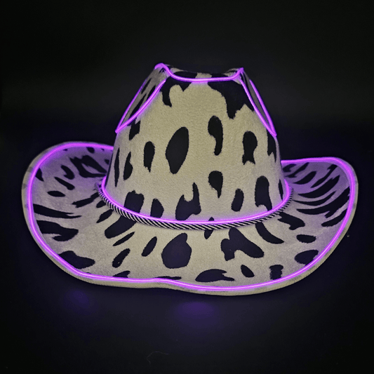 Cow Print Light Up LED Cowgirl Cowboy Hat with Bright Purple LED Lights - Shine Bright in Western Style - One Size - T and C Party Supply Cow PrintT and C Party Supply