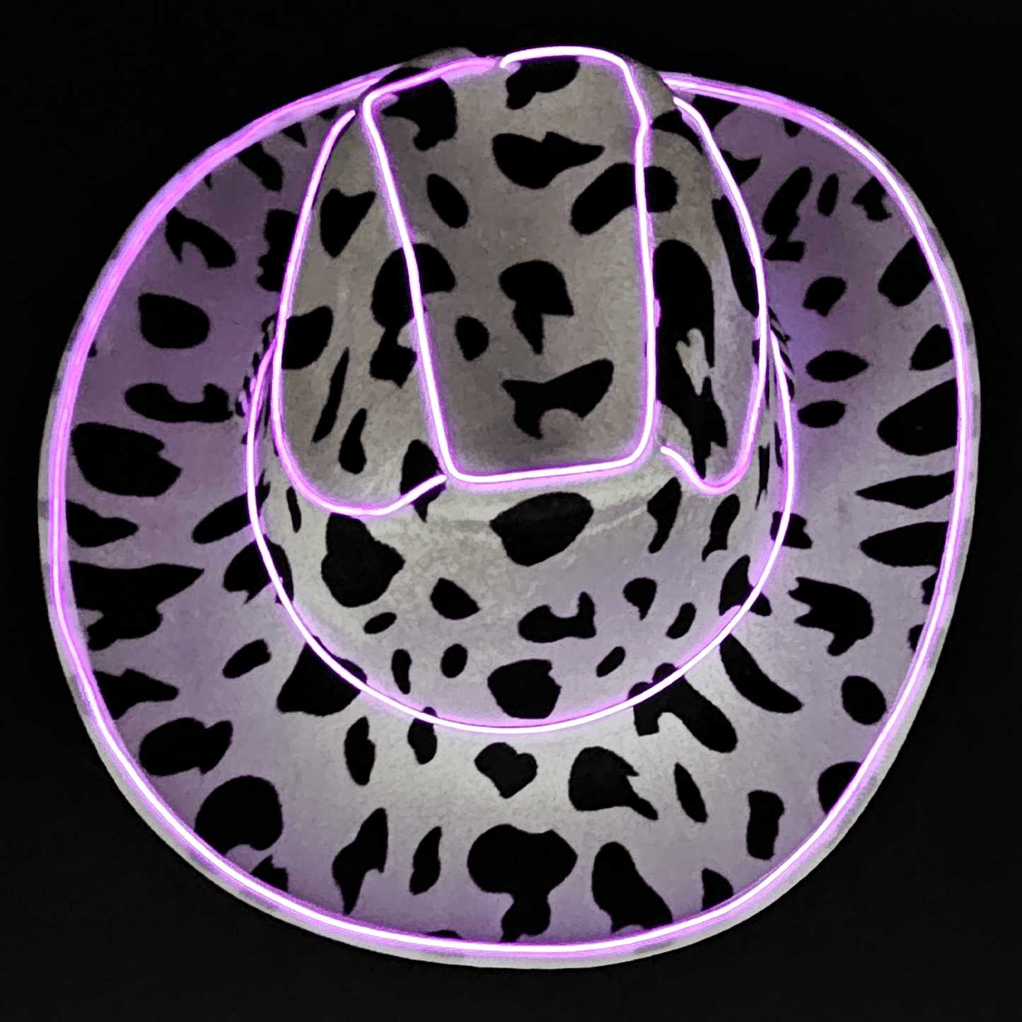 Felt Cow Print Light Up Cowboy Cowgirl Hat with Bright Purple LR Wire around the brim and crown. 3 Speeds Steady, Fast, Slow