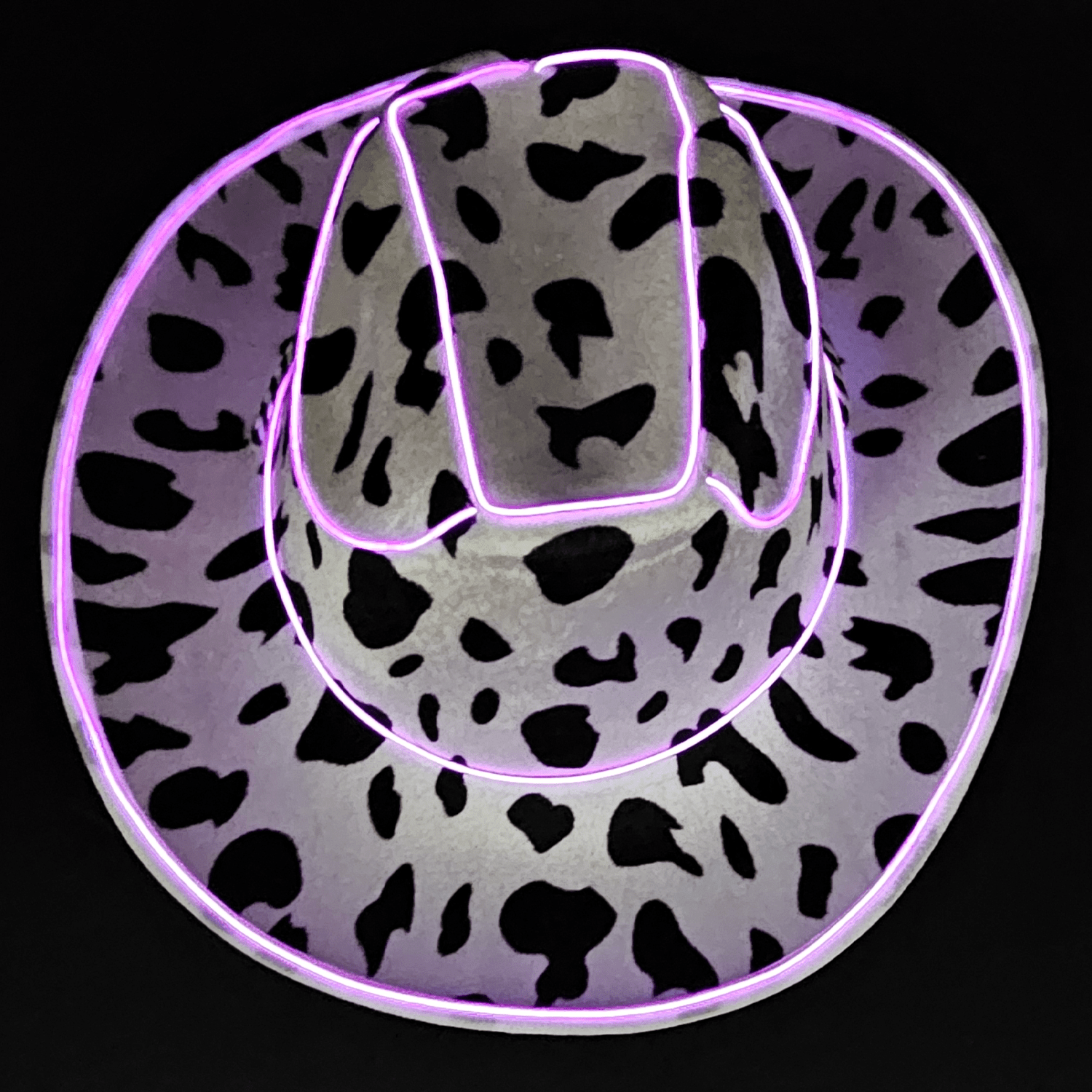 Felt Cow Print Light Up Cowboy Cowgirl Hat with Bright Purple LR Wire around the brim and crown. 3 Speeds Steady, Fast, Slow