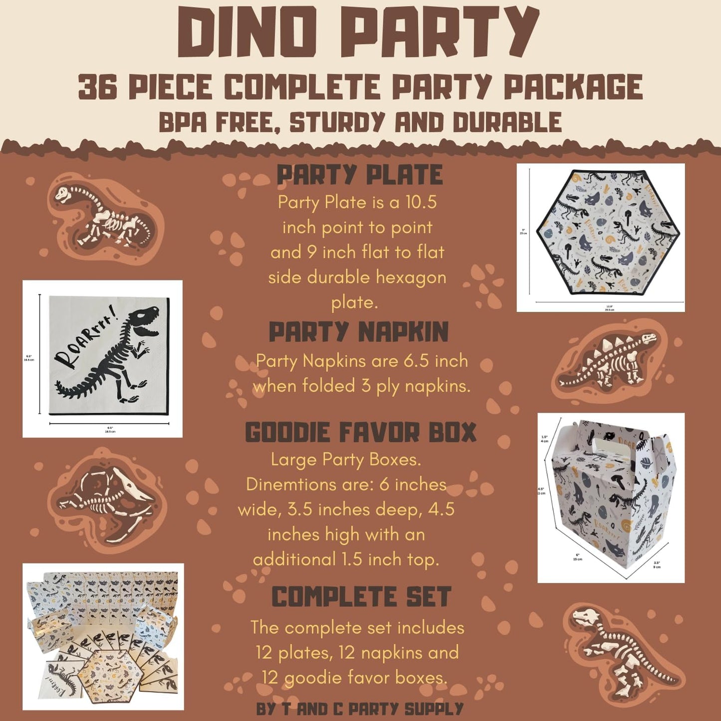 Dinosaur Themed Complete Boutique Jurassic Party Package for Kids - 36 Count with 12 Plates, 12 Napkins and 12 Goodie Boxes - Perfect for Birthdays, Baby Showers & School Events by T and C Party Supply - T and C Party Supply T and C Party Supply