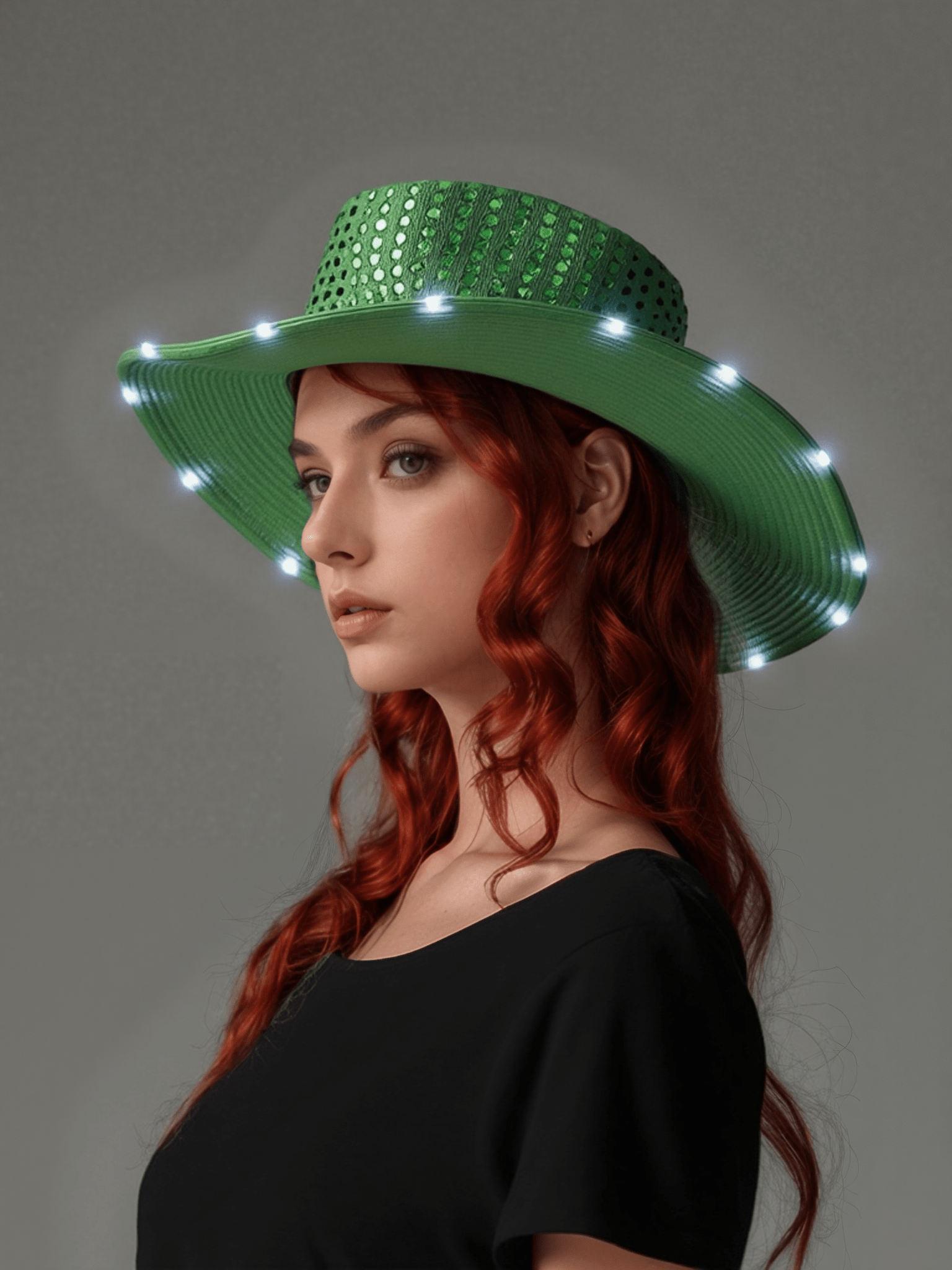 Emerald Green Sparkle Sequin LED Cowgirl Cowboy Hat with Bright White LED Lights - Illuminate Your Western Style with 3 Flashing Modes - One Size - T and C Party Supply Sparkle SequinT and C Party Supply