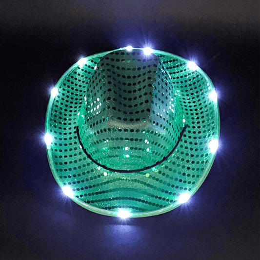 Emerald Green Sparkle Sequin LED Cowgirl Cowboy Hat with Bright White LED Lights - Illuminate Your Western Style with 3 Flashing Modes - One Size - T and C Party Supply Sparkle SequinT and C Party Supply