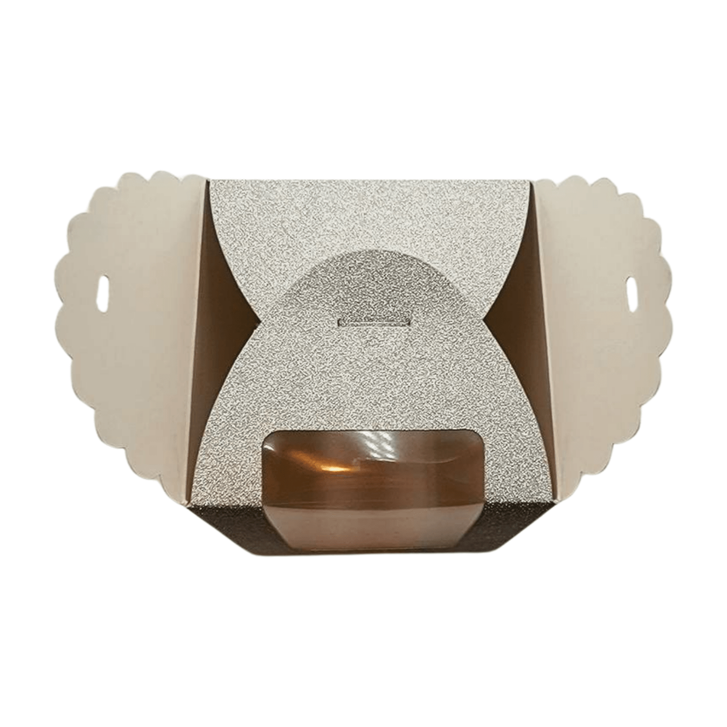 Sparkling Silver Favor Boxes. Top Angle View. Scalloped Top. Bottom Insert. Clasp Top Close Up View. T and C Party Supply
