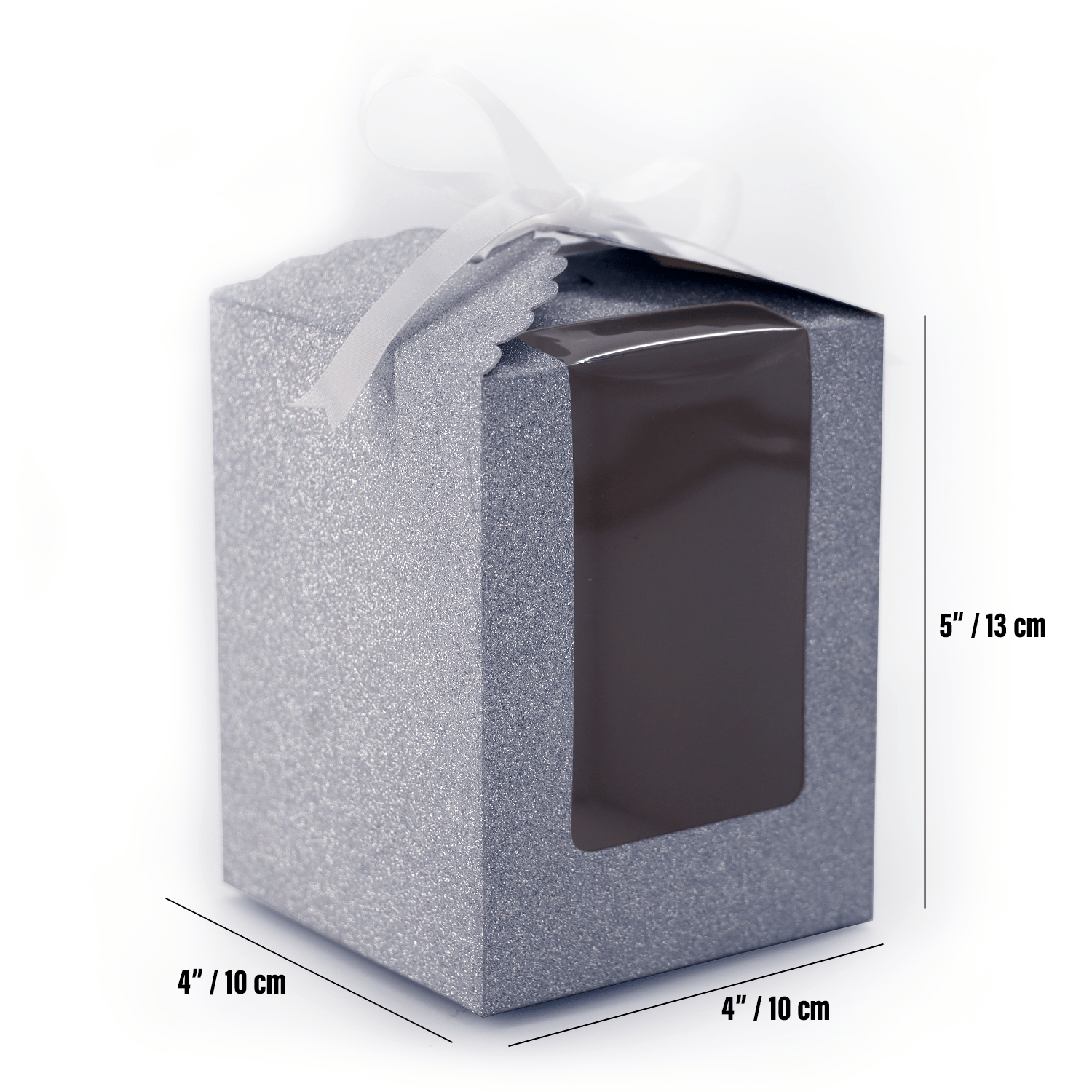 Silver Sparkling Wedding Favor Box - 40 Count, Large 4"x4"x5" with Clear Display Window. Includes 2 Ribbon Colors (White and Black). Elegant Stemless Wine Glass Gift Box-Holds 15 oz Glass. Extra Bottom Insert for Durability. Ideal for Weddings & Events - T and C Party Supply T and C Party Supply