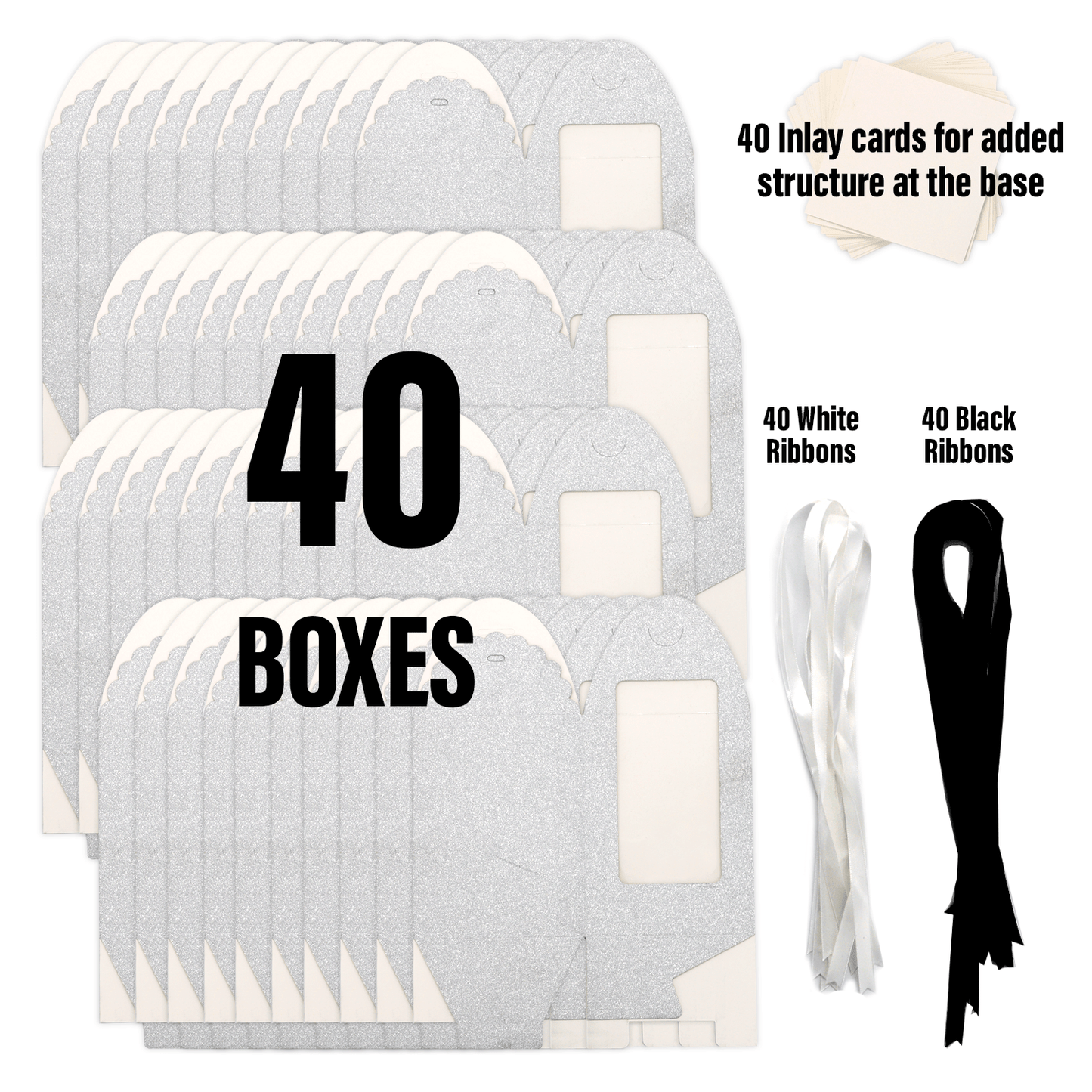 Silver Sparkling Wedding Favor Box - 40 Count, Large 4"x4"x5" with Clear Display Window. Includes 2 Ribbon Colors (White and Black). Elegant Stemless Wine Glass Gift Box-Holds 15 oz Glass. Extra Bottom Insert for Durability. Ideal for Weddings & Events - T and C Party Supply T and C Party Supply