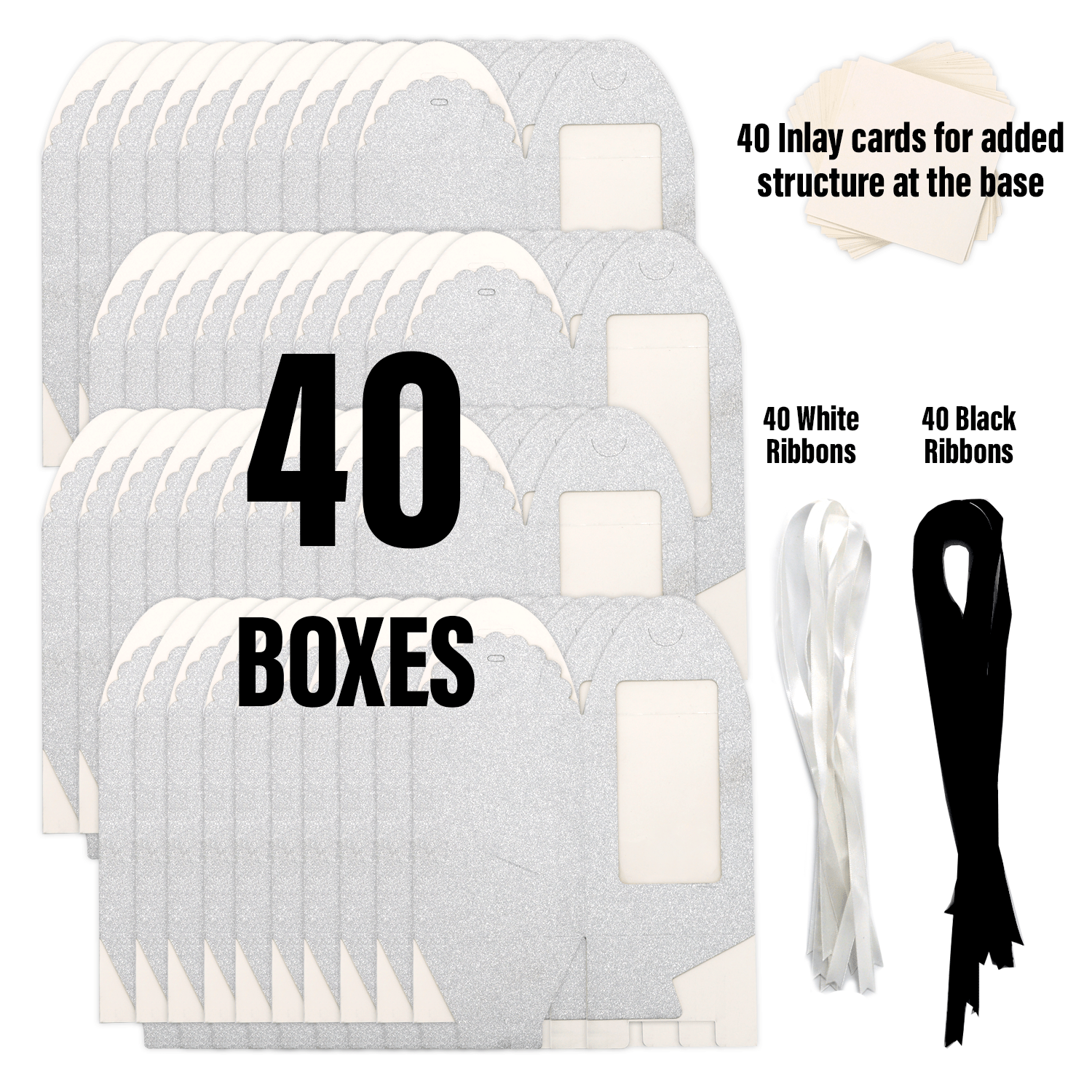 Silver Sparkling Wedding Favor Box - 40 Count, Large 4"x4"x5" with Clear Display Window. Includes 2 Ribbon Colors (White and Black). Elegant Stemless Wine Glass Gift Box-Holds 15 oz Glass. Extra Bottom Insert for Durability. Ideal for Weddings & Events - T and C Party Supply T and C Party Supply