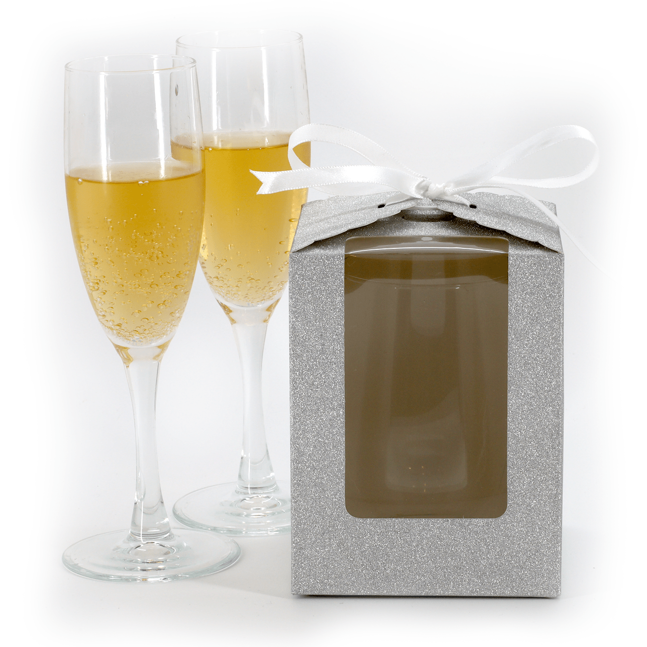 Silver Sparkling Wedding Favor Box - 40 Count, Large 4"x4"x5" with Clear Display Window. Includes 2 Ribbon Colors (White and Black). Elegant Stemless Wine Glass Gift Box-Holds 15 oz Glass. Extra Bottom Insert for Durability. Ideal for Weddings & Events - T and C Party Supply T and C Party Supply