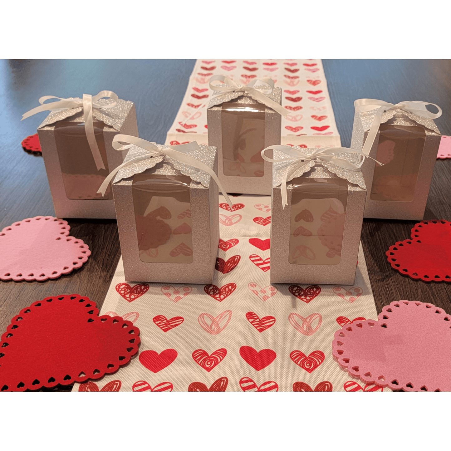 Silver Sparkling Wedding Favor Box 40 Count, Large 4"x4"x5" with Clear Display Window. Setting of 5 on table Valentines Theme