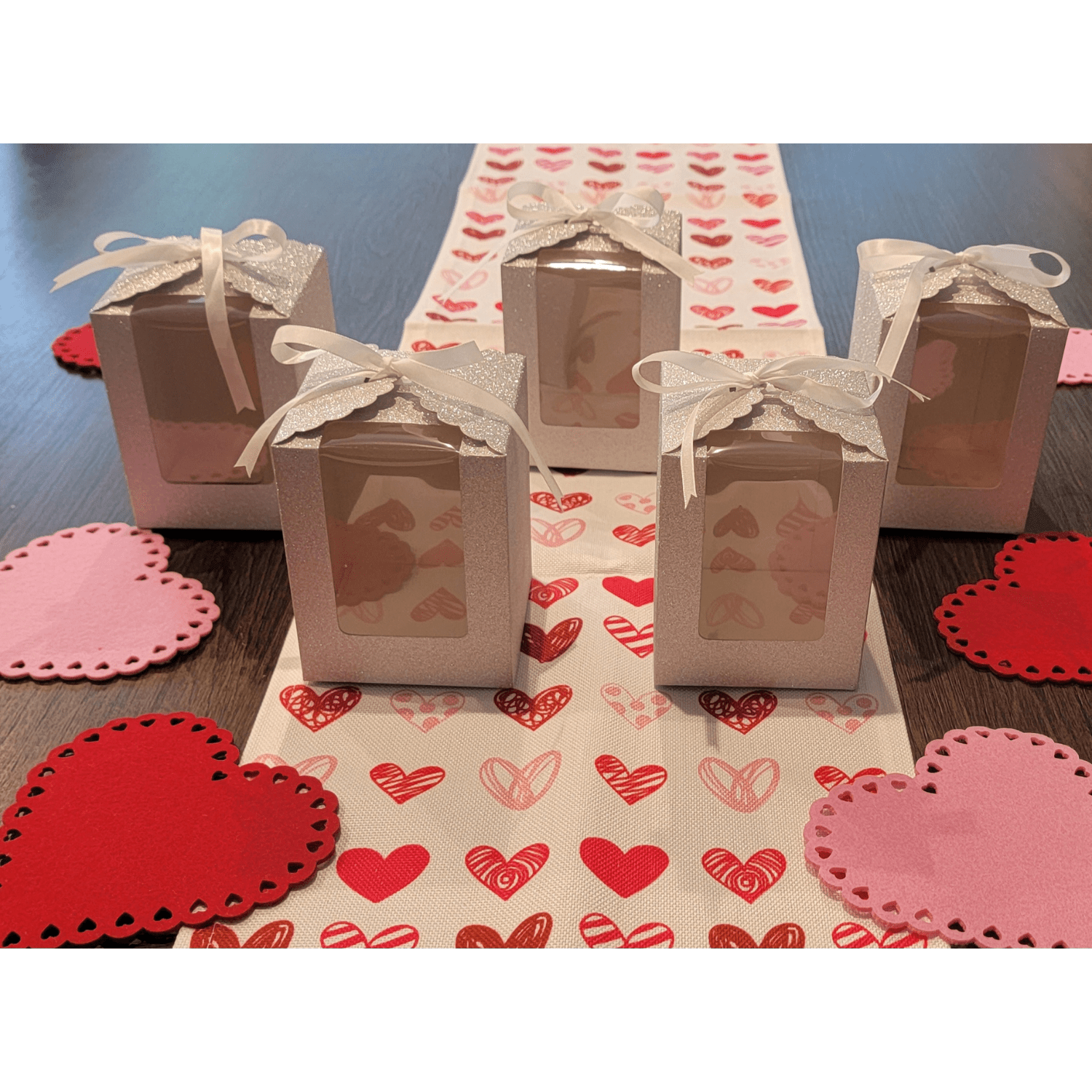 Silver Sparkling Wedding Favor Box 40 Count, Large 4"x4"x5" with Clear Display Window. Setting of 5 on table Valentines Theme