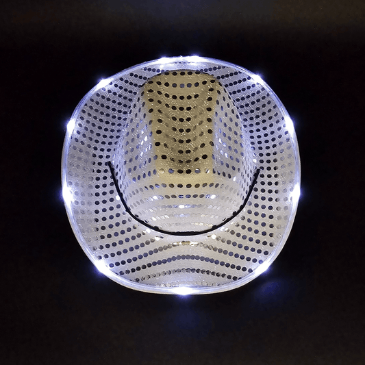 White Silver Sparkle Sequin LED Cowgirl Cowboy Hat with Bright White LED Lights - Illuminate Your Western Style with 3 Flashing Modes - One Size - T and C Party Supply Sparkle SequinT and C Party Supply