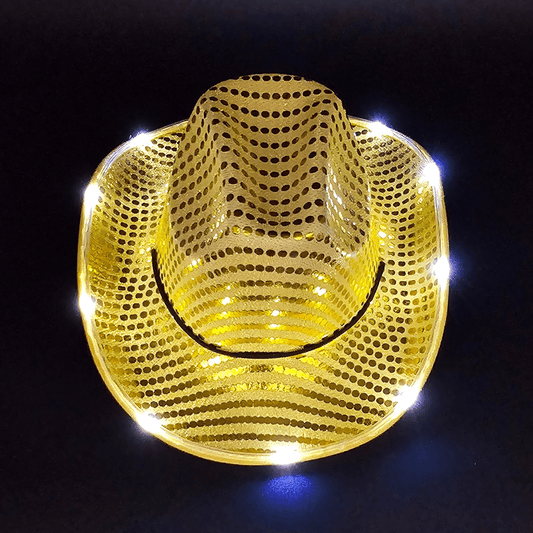 Yellow Gold Sparkle Sequin LED Cowgirl Cowboy Hat with Bright White LED Lights - Illuminate Your Western Style with 3 Flashing Modes - One Size - T and C Party Supply Sparkle SequinT and C Party Supply