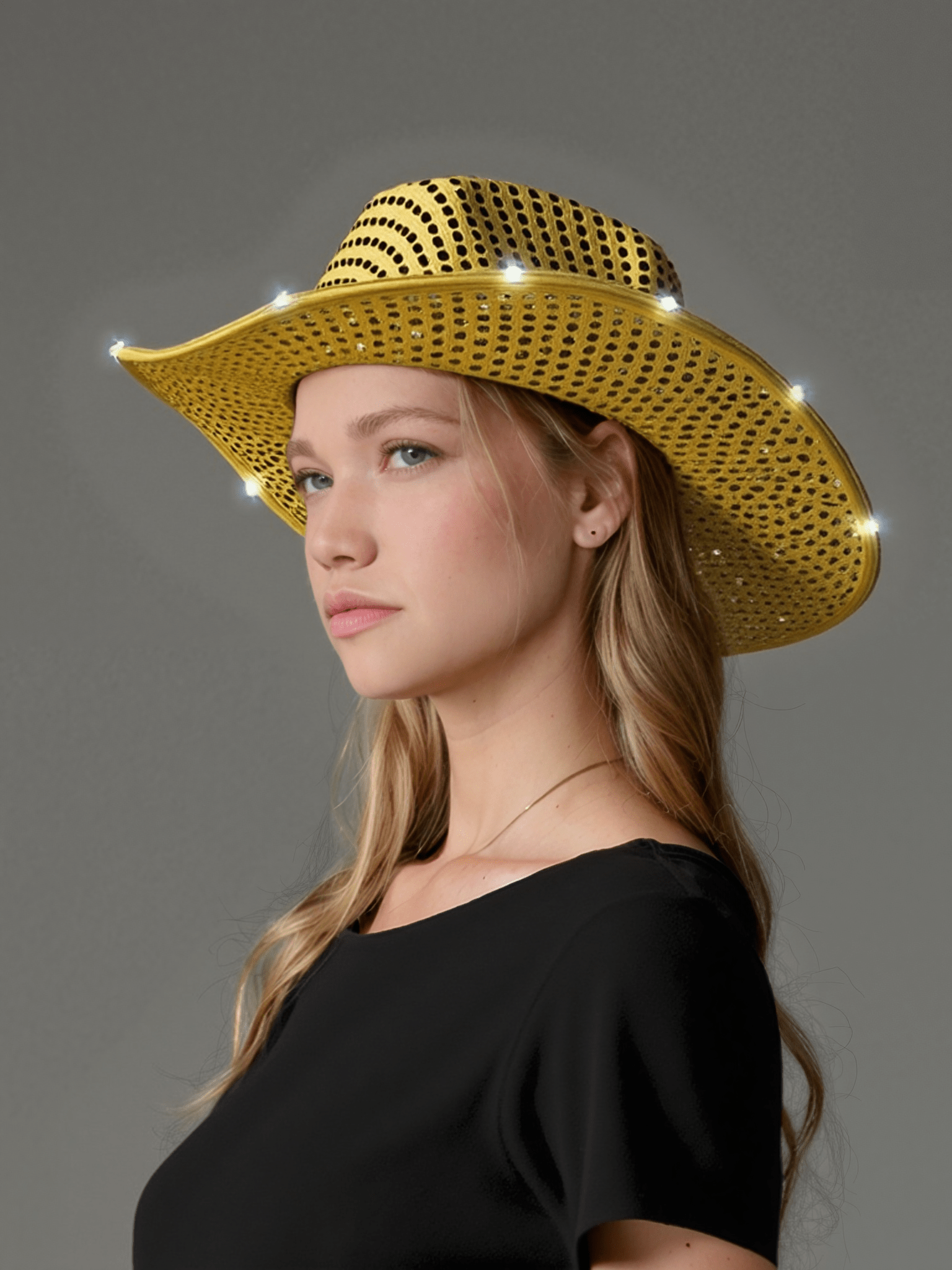 Yellow Gold Sparkle Sequin LED Cowgirl Cowboy Hat with Bright White LED Lights - Illuminate Your Western Style with 3 Flashing Modes - One Size - T and C Party Supply Sparkle SequinT and C Party Supply