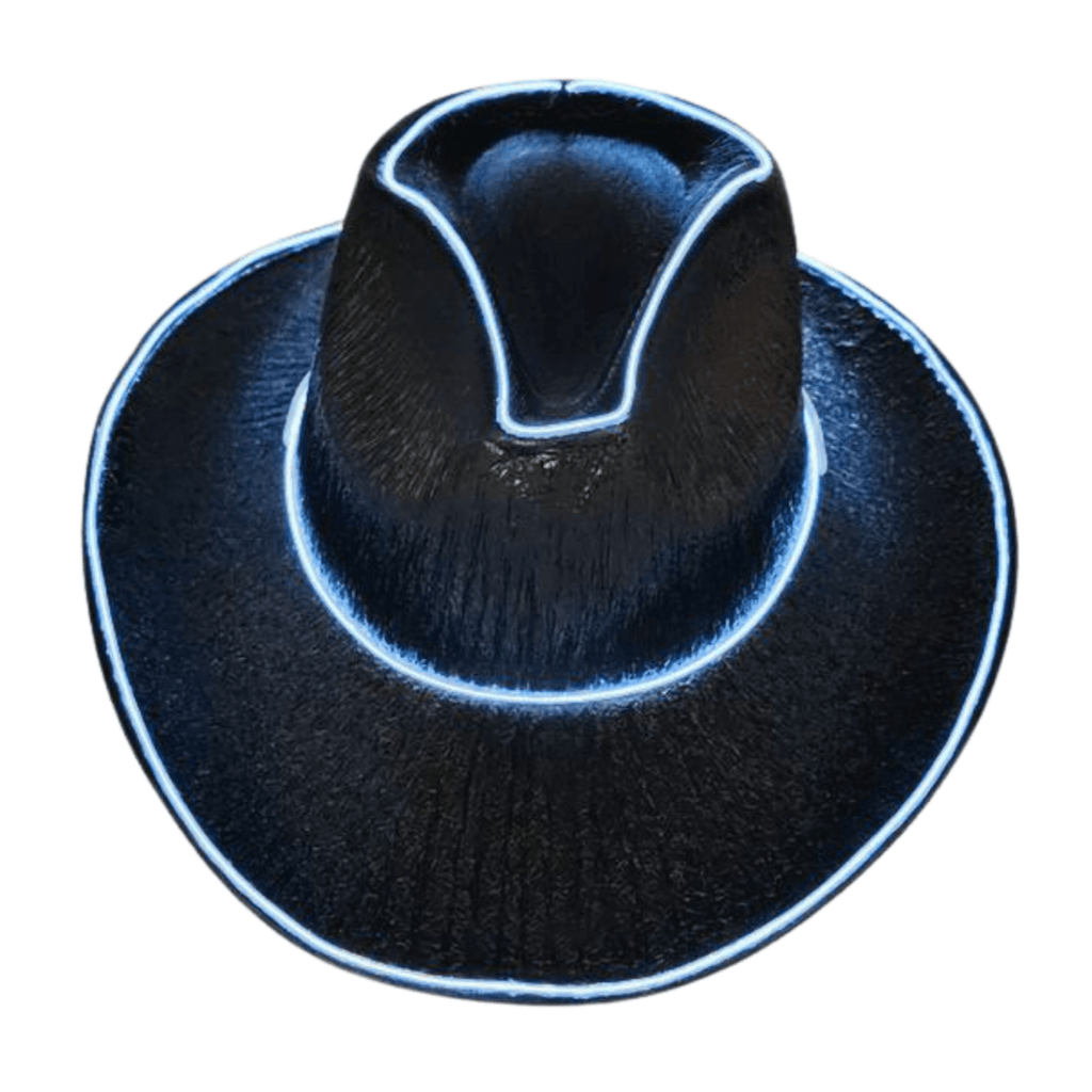 Black Iridescent Light Up Cowboy Cowgirl Hat with White LR Wire around the brim and crown. 3 Speeds Steady, Fast and Slow