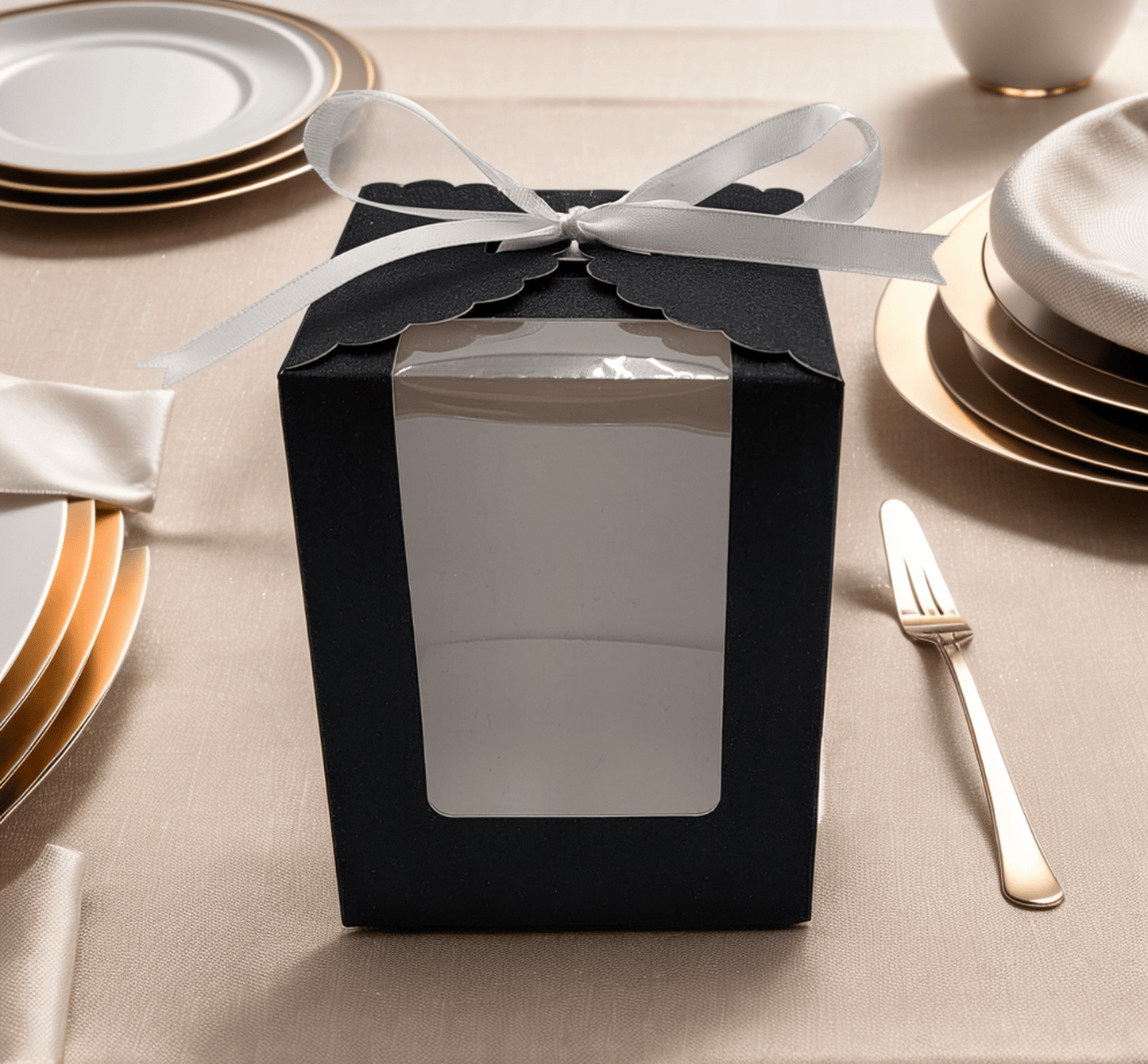 Black Sparkling Wedding Favor Box - 40 Count, Large 4"x4"x5" with Clear Display Window. Includes 2 Ribbon Colors (White and Black). Elegant Stemless Wine Glass Gift Box-Holds 15 oz Glass. Extra Bottom Insert for Durability. Ideal for Weddings & Events - T and C Party Supply T and C Party Supply