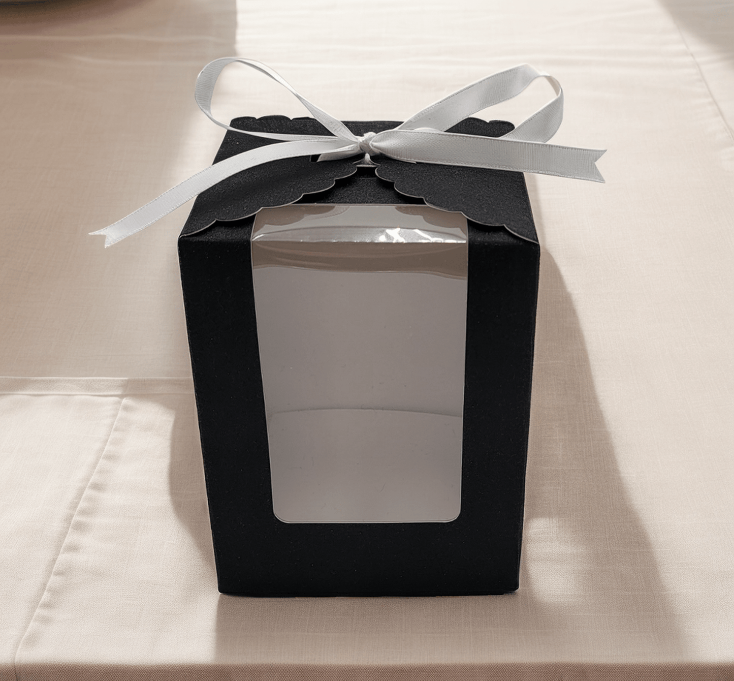 Black Sparkling Wedding Favor Box - 40 Count, Large 4"x4"x5" with Clear Display Window. Includes 2 Ribbon Colors (White and Black). Elegant Stemless Wine Glass Gift Box - Holds 15 oz Glass. Extra Bottom Insert for Durability. Ideal for Weddings & Events - T and C Party Supply T and C Party Supply