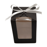 Close Up Black Sparkling Wedding Favor Box Front Individual View with White Ribbon, Clear PVC Window and Sturdy Bottom Insert