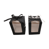 2 Sparkling Black Favor Boxes. One with Black Ribbon, One with White Ribbon. Top Angle View. Scalloped Top Bottom Insert View