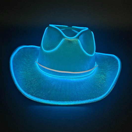 Blue Iridescent Cowboy Hat with White LED - Illuminate Your Style with 3 Flashing Modes - One Size - T and C Party Supply T and C Party Supply