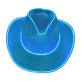 Blue Iridescent Light Up Cowboy Cowgirl Hat with Light Blue LR Wire around the brim and crown. 3 Speeds Steady, Fast and Slow
