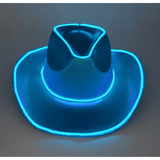 Blue Iridescent Light Up Cowgirl Cowboy Hat. Front View. Bright Blue Lights adorn the brim and crown of the Cowgirl Hat