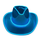 Blue Iridescent Light Up Cowgirl Cowboy Hat. Dusk Front View shows the bright blue lights head on.