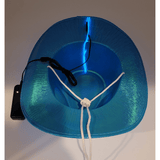 Blue Light Up Cowgirl Hat. Underside View. Runs on 2 replaceable AA batteries. (Not Included) Adjustable Drawstring for fit.
