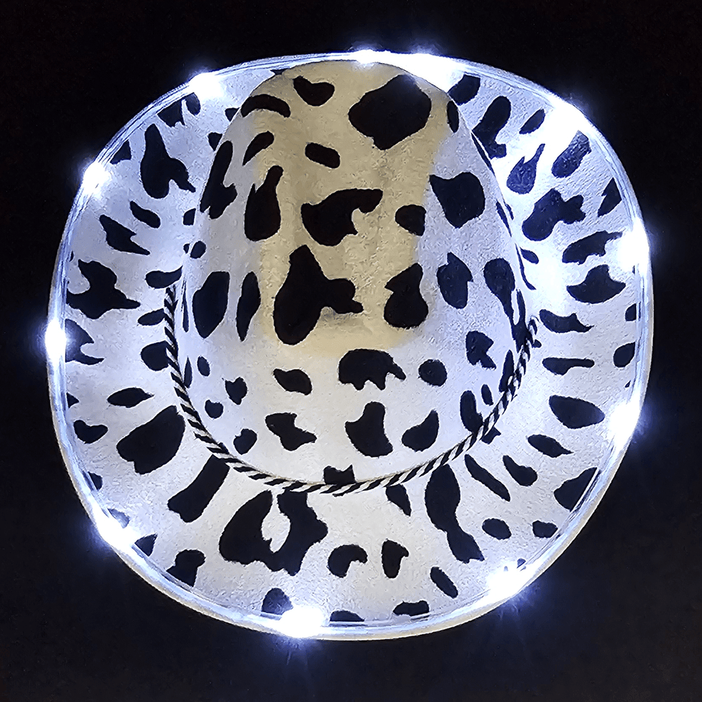 Felt Cow Print Light Up Cowboy Cowgirl Hat with Bright White LED Lights around the brim. 3 Speeds Steady, Fast and Slow.