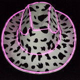 Felt Cow Print Light Up Cowboy Cowgirl Hat with Bright Pink LR Wire around the brim and crown. 3 Speeds Steady, Fast and Slow
