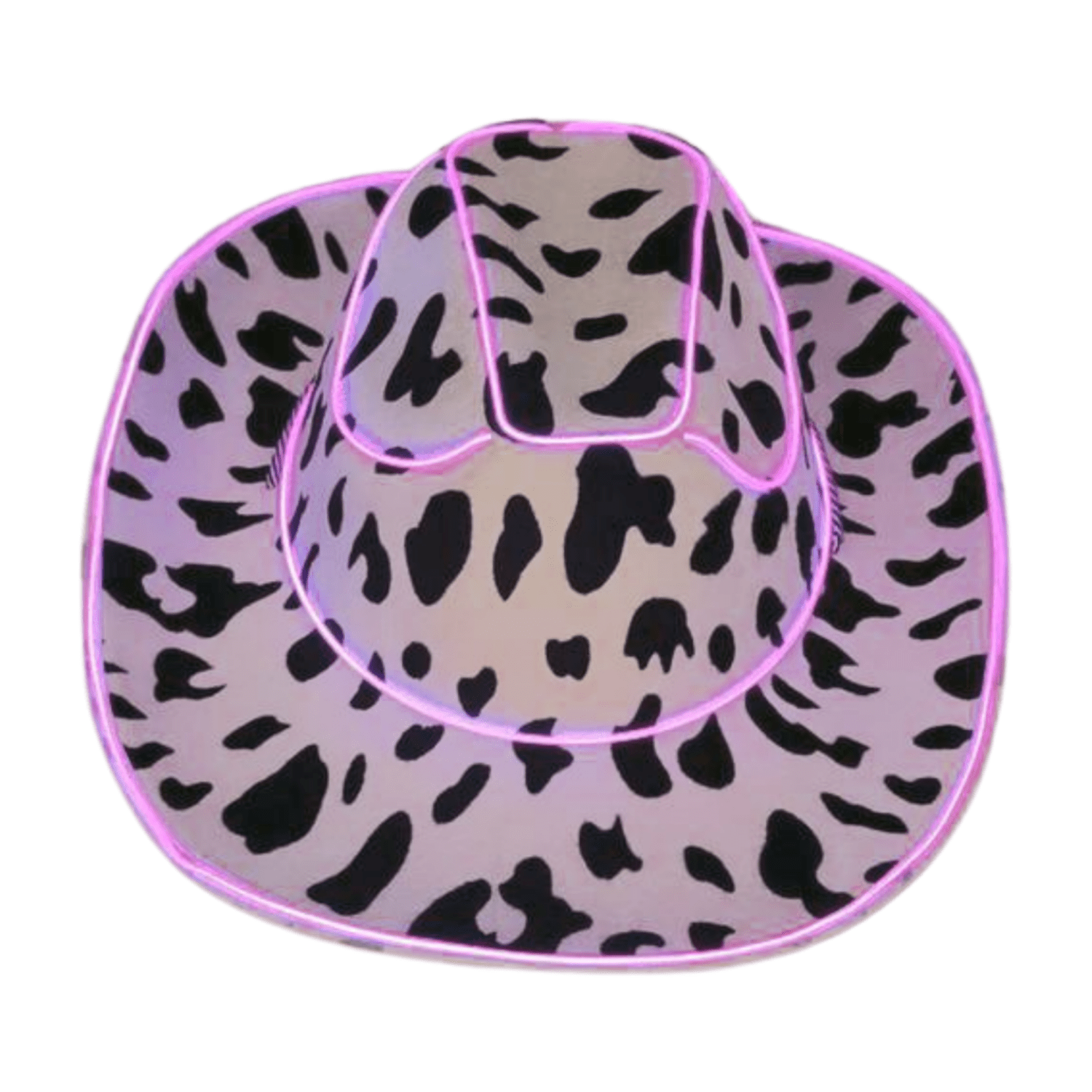 Felt Cow Print Light Up Cowboy Cowgirl Hat with Bright Pink LR Wire around the brim and crown. 3 Speeds Steady, Fast and Slow