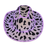 Felt Cow Print Light Up Cowboy Cowgirl Hat with Bright Purple LR Wire around the brim and crown. 3 Speeds Steady, Fast, Slow