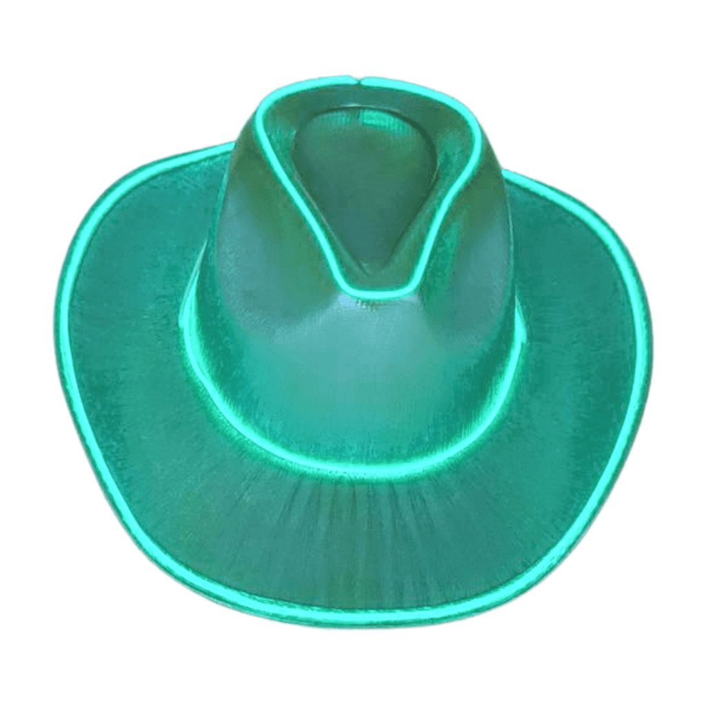 Green Iridescent Light Up Cowboy Cowgirl Hat with Light Green LR Wire around the brim and crown. 3 Speeds Steady, Fast, Slow