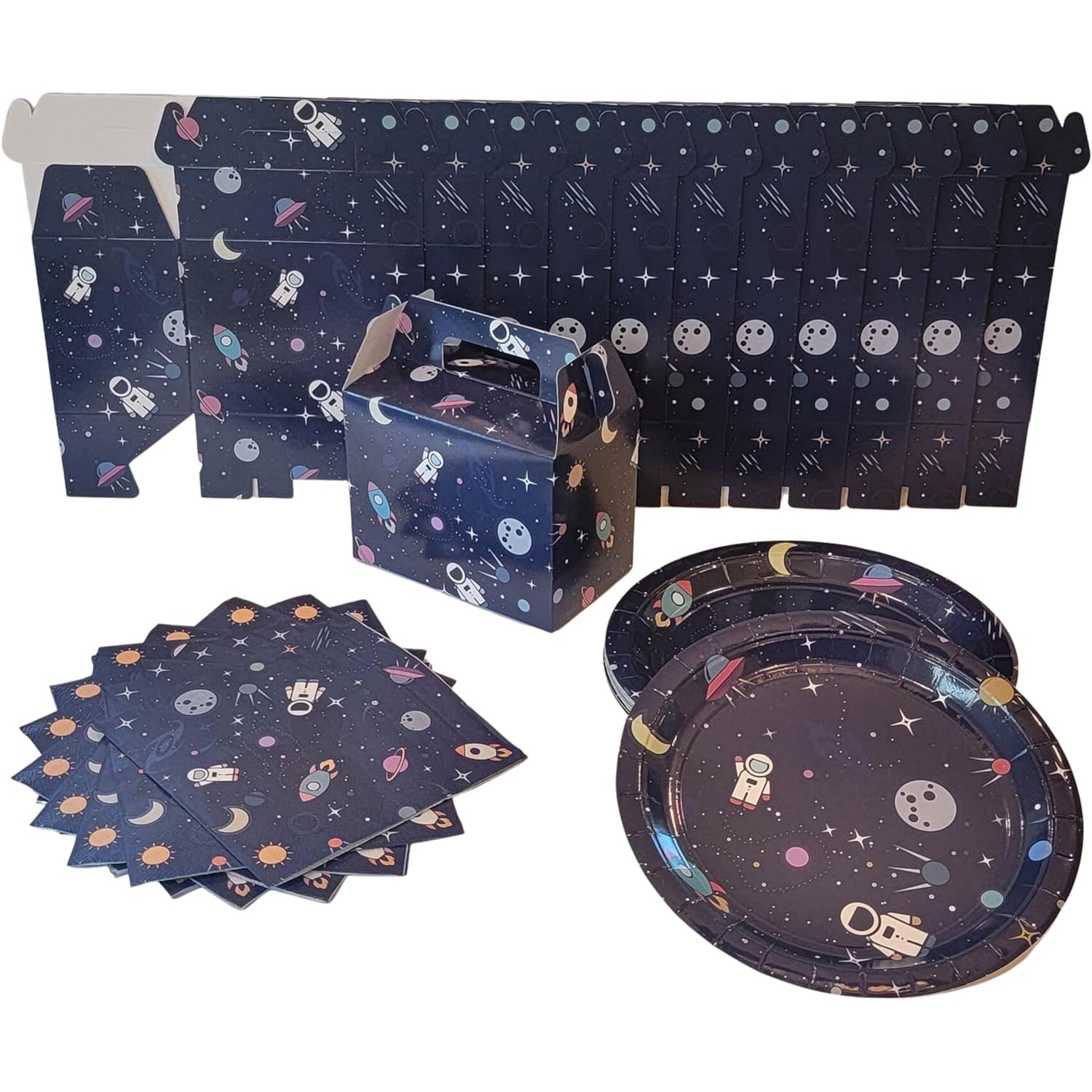 Outer Space Themed Boutique Complete Party Package for Kids - 36 Count with Plates, Napkins, Goodie Boxes - Perfect for Birthdays, School Events & Astrological Viewing by T and C Party Supply - T and C Party Supply T and C Party Supply