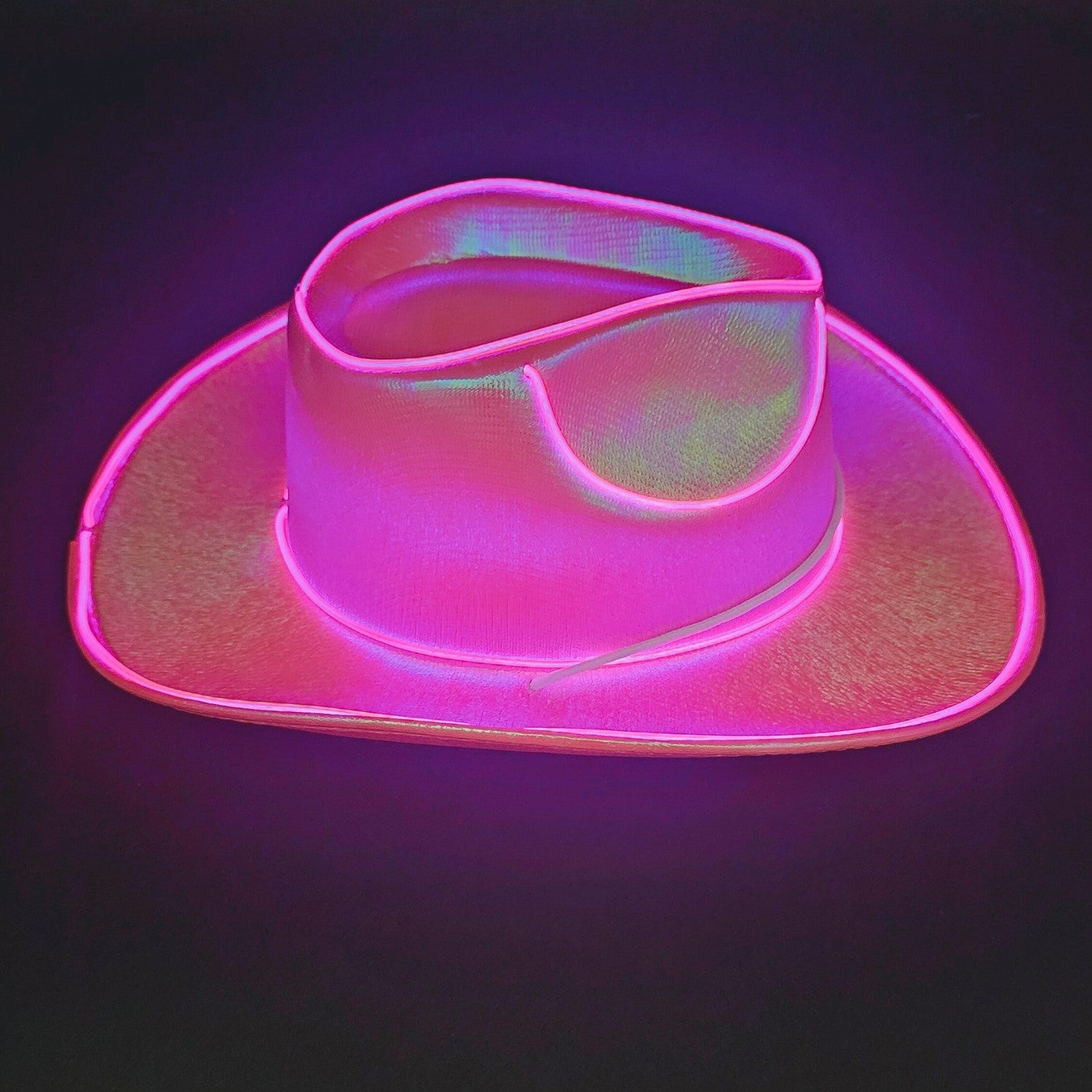 Pink Iridescent Cowboy Hat with Bright Light Pink LED LR Wire Lights - Illuminate Your Style with 3 Flashing Modes - One Size - T and C Party Supply T and C Party Supply