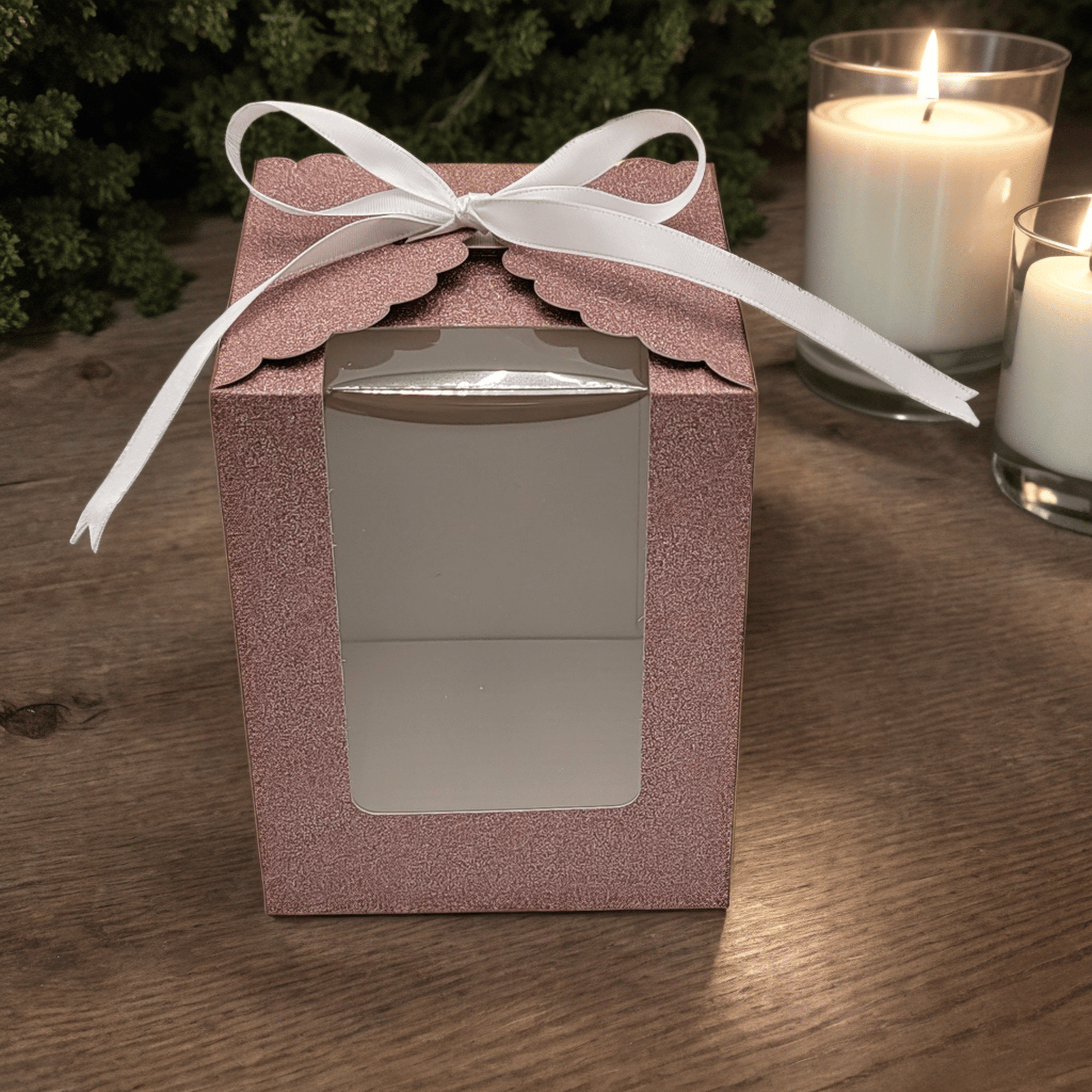 Rose Gold Sparkling Wedding Favor Box - 40 Count, Large 4"x4"x5" with Clear Display Window. Includes 2 Ribbon Colors (White and Black). Elegant Stemless Wine Glass Gift Box-Holds 15 oz Glass. Extra Bottom Insert for Durability. Ideal for Weddings & Events - T and C Party Supply T and C Party Supply