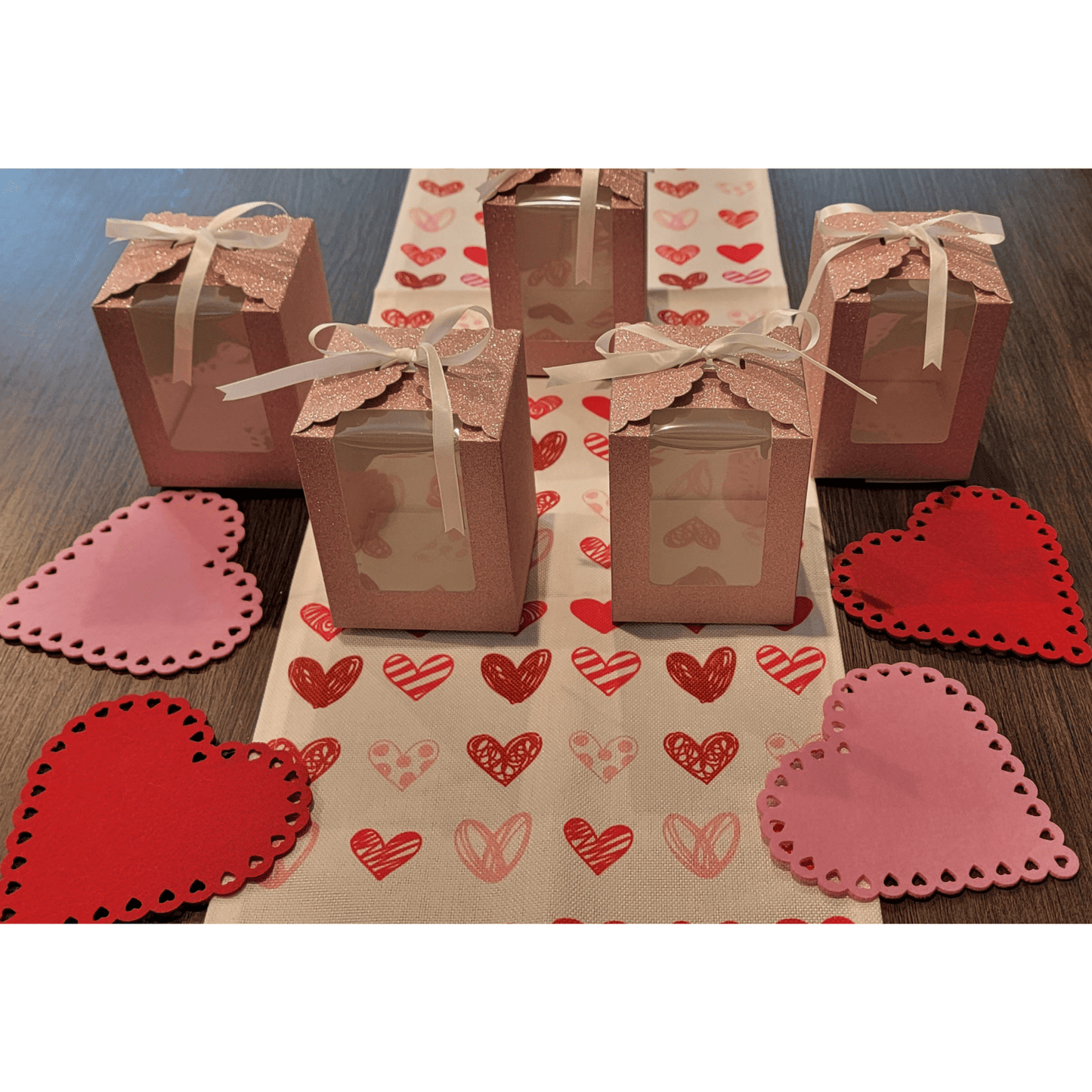 Rose Gold Sparkling Wedding Favor Box 40 Count, Large 4"x4"x5" with Clear Display Window. 5 Boxes on table Valentines Theme