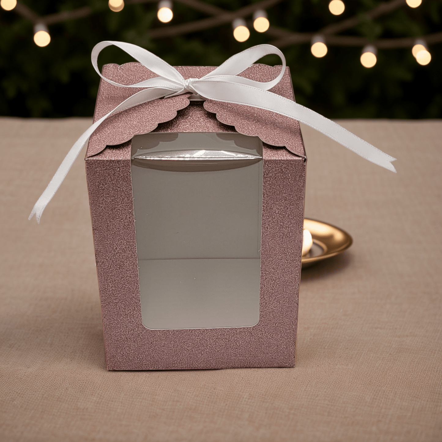 Rose Gold Sparkling Wedding Favor Box - 40 Count, Large 4"x4"x5" with Clear Display Window. Includes 2 Ribbon Colors (White and Black). Elegant Stemless Wine Glass Gift Box-Holds 15 oz Glass. Extra Bottom Insert for Durability. Ideal for Weddings & Events - T and C Party Supply T and C Party Supply