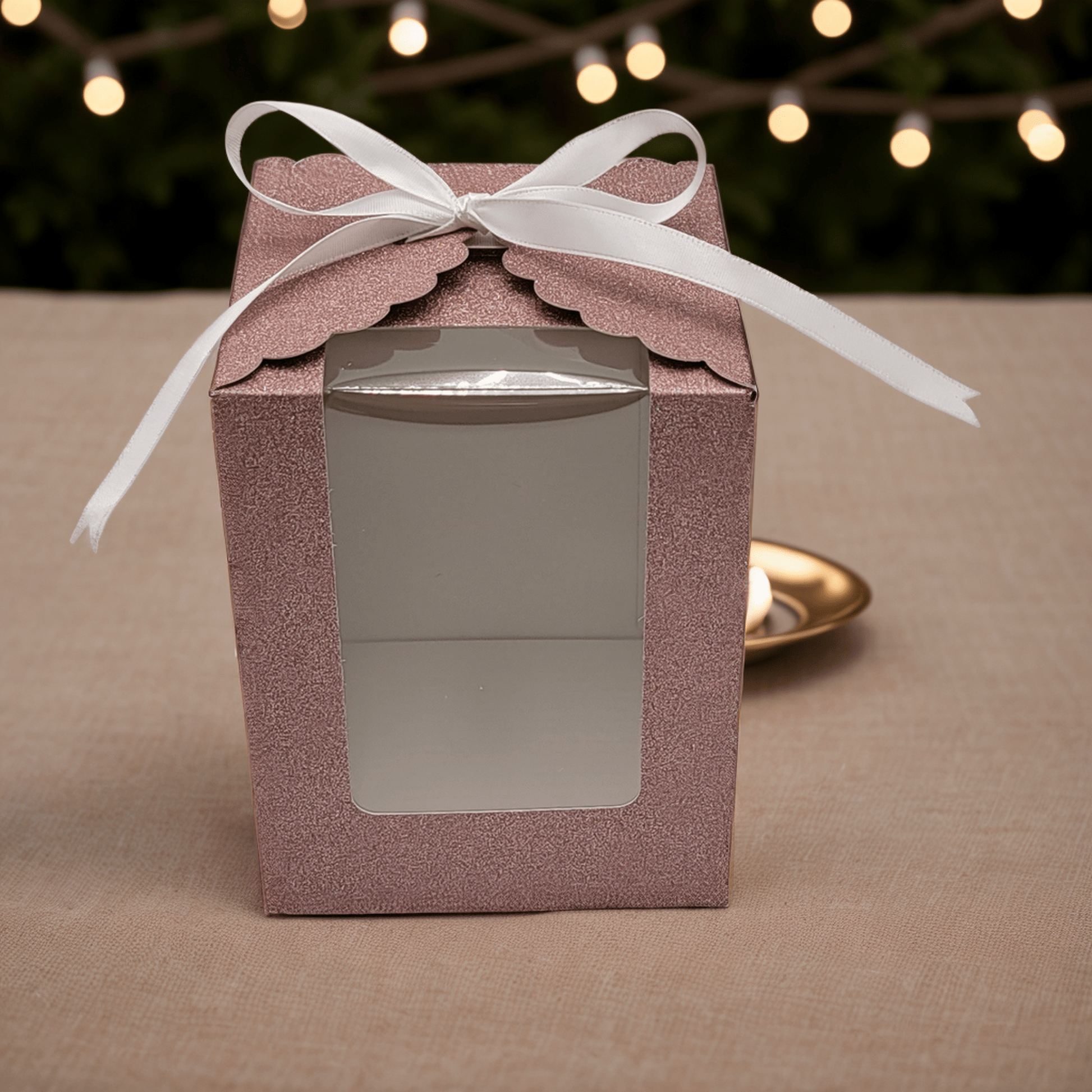 Rose Gold Sparkling Wedding Favor Box - 40 Count, Large 4"x4"x5" with Clear Display Window. Includes 2 Ribbon Colors (White and Black). Elegant Stemless Wine Glass Gift Box-Holds 15 oz Glass. Extra Bottom Insert for Durability. Ideal for Weddings & Events - T and C Party Supply T and C Party Supply