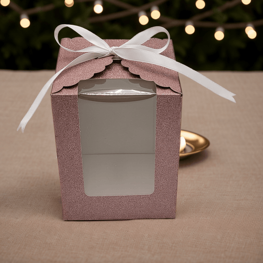 Rose Gold Sparkling Wedding Favor Box - 40 Count, Large 4"x4"x5" with Clear Display Window. Includes 2 Ribbon Colors (White and Black). Elegant Stemless Wine Glass Gift Box-Holds 15 oz Glass. Extra Bottom Insert for Durability. Ideal for Weddings & Events - T and C Party Supply T and C Party Supply