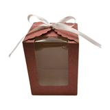 Close Up Rose Gold Sparkling Wedding Favor Box Front View with White Ribbon, Clear PVC Window and Sturdy Bottom Insert