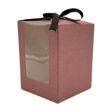 Close Up Rose Gold Sparkling Wedding Favor Box Front Side View with Black Ribbon, Clear PVC Window and Sturdy Bottom Insert