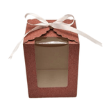 Close Up Rose Gold Sparkling Wedding Favor Box Front Individual View with White Ribbon, Clear PVC Window Sturdy Bottom Insert