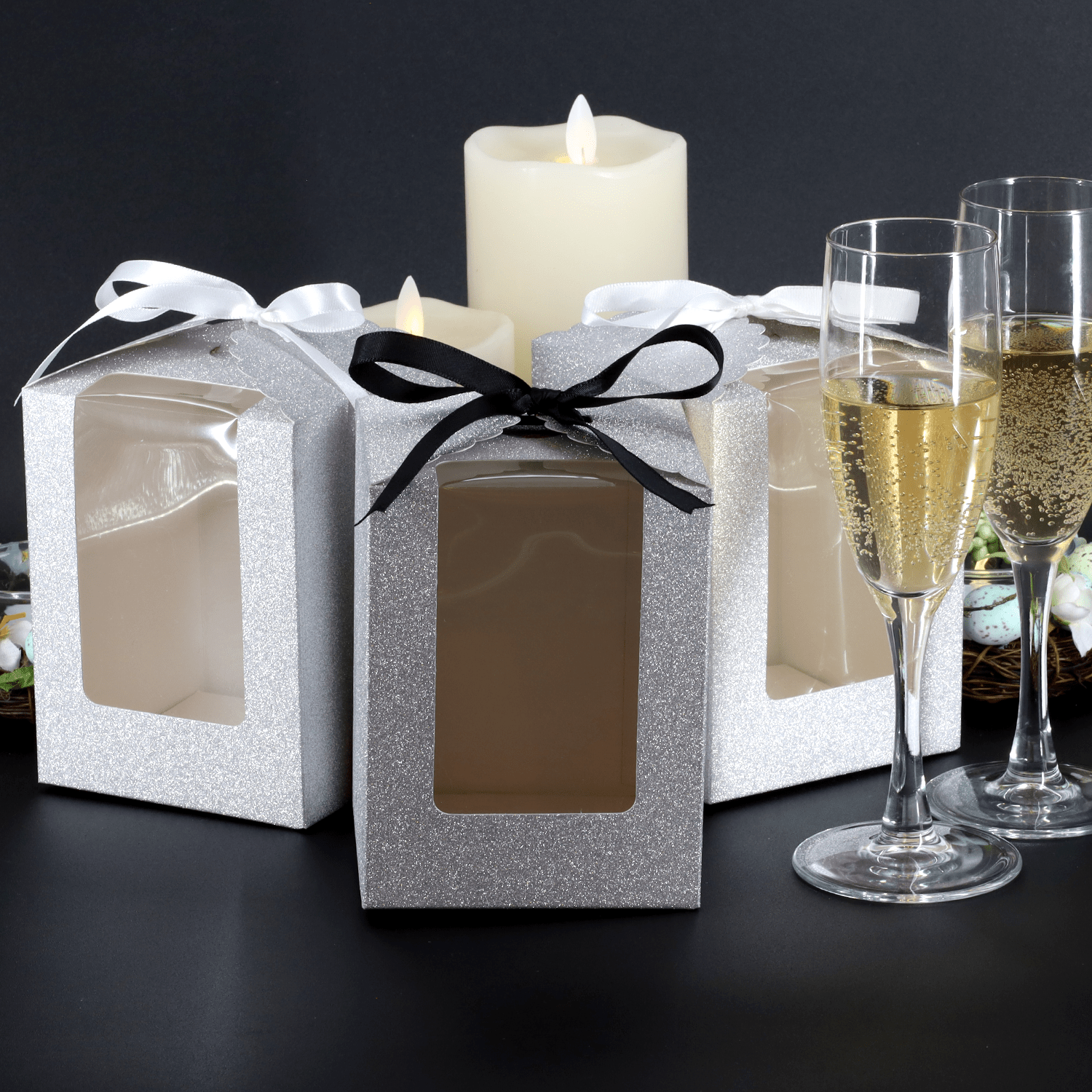 Silver Sparkling Wedding Favor Box - 40 Count, Large 4"x4"x5" with Clear Display Window. Includes 2 Ribbon Colors (White and Black). Elegant Stemless Wine Glass Gift Box-Holds 15 oz Glass. Extra Bottom Insert for Durability. Ideal for Weddings & Events - T and C Party Supply T and C Party Supply