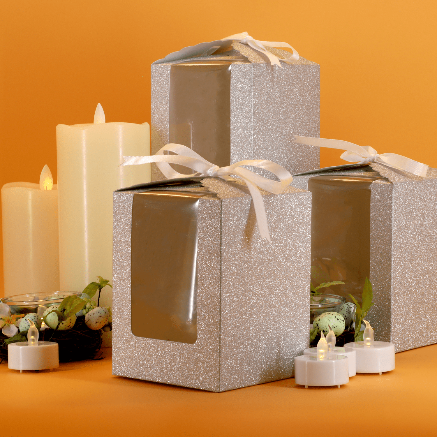 Silver Sparkling Wedding Favor Box - 40 Count, Large 4"x4"x5" with Clear Display Window. Includes 2 Ribbon Colors (White and Black). Elegant Stemless Wine Glass Gift Box-Holds 15 oz Glass. Extra Bottom Insert for Durability. Ideal for Weddings & Events - T and C Party Supply T and C Party Supply